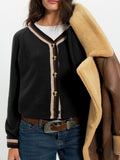 Striped Trim V Neck Knit Cardigan - Black