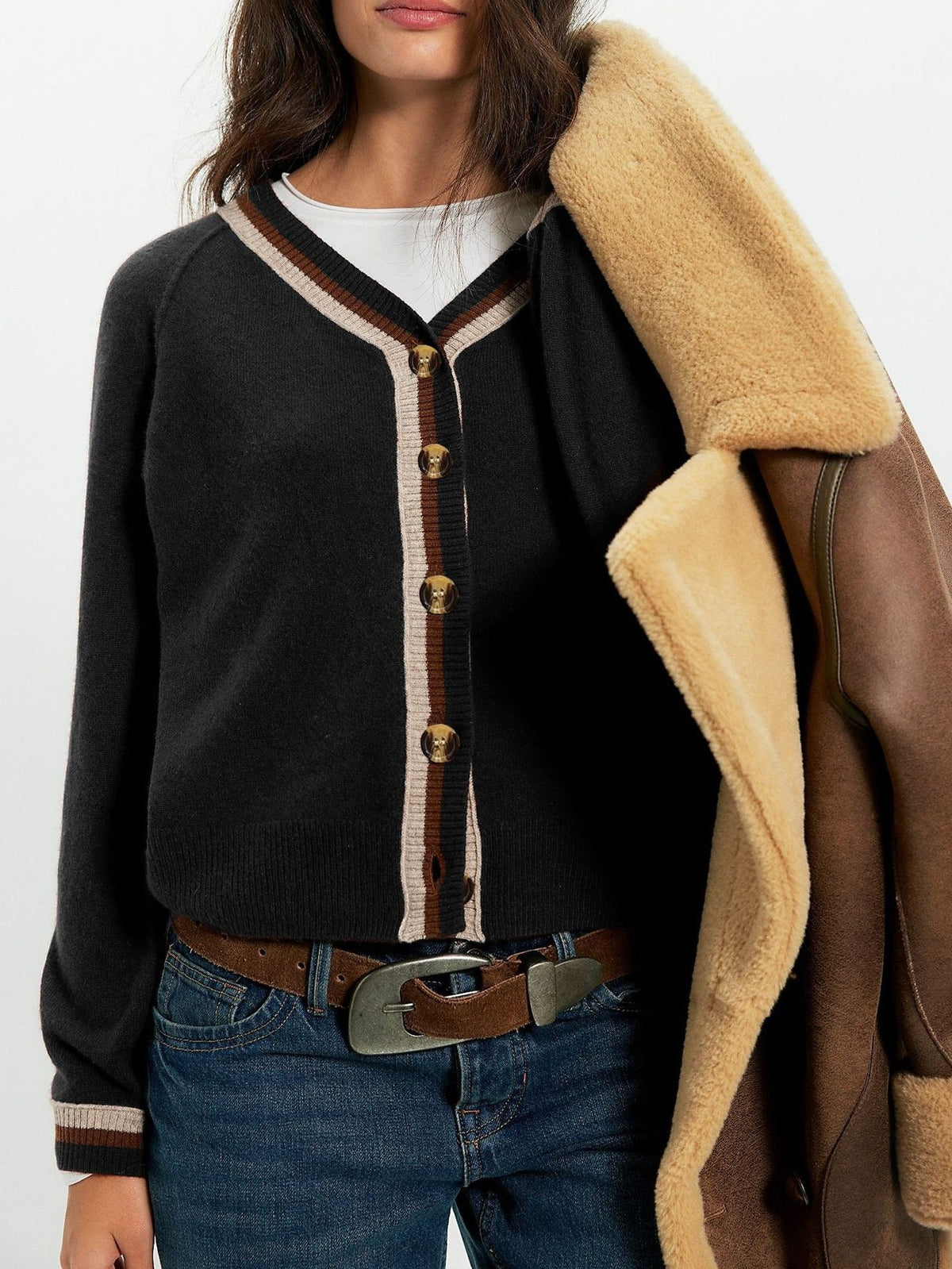 Striped Trim V Neck Knit Cardigan - Black