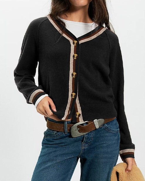 Striped Trim V Neck Knit Cardigan - Black - 1