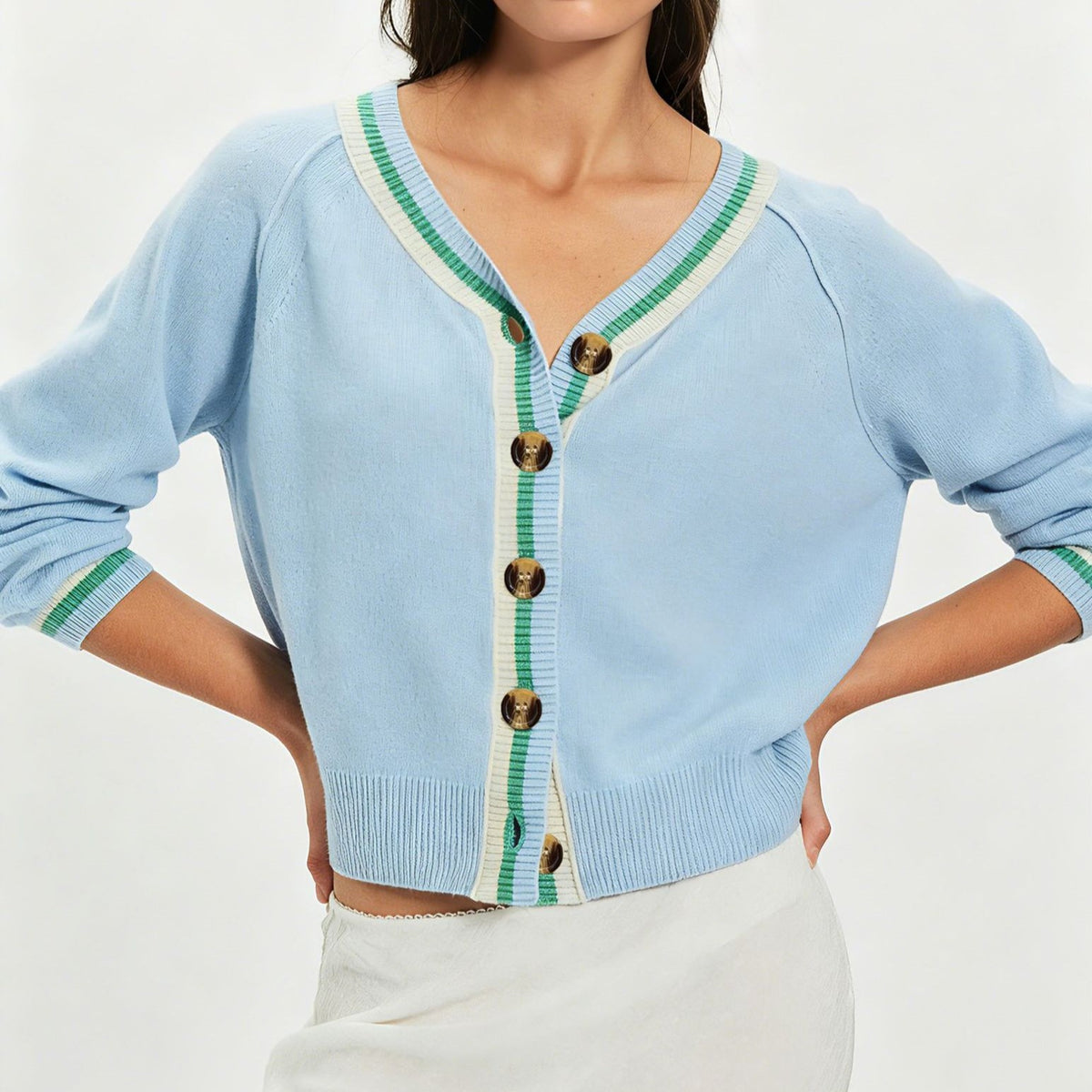 Striped Trim V Neck Knit Cardigan - Blue