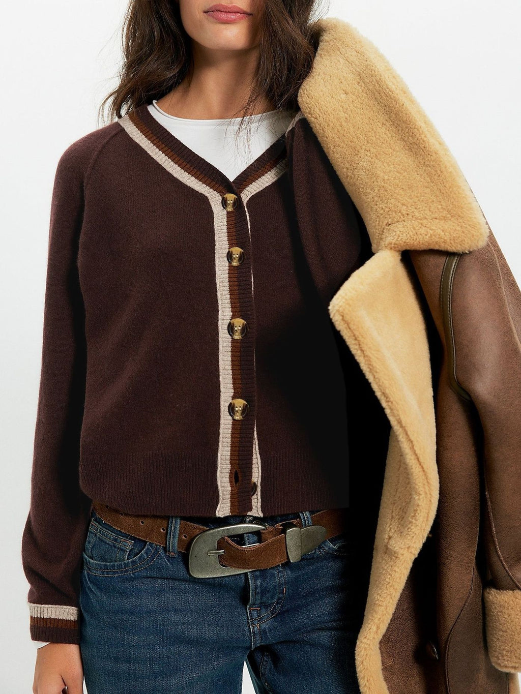 Striped Trim V Neck Knit Cardigan - Coffee