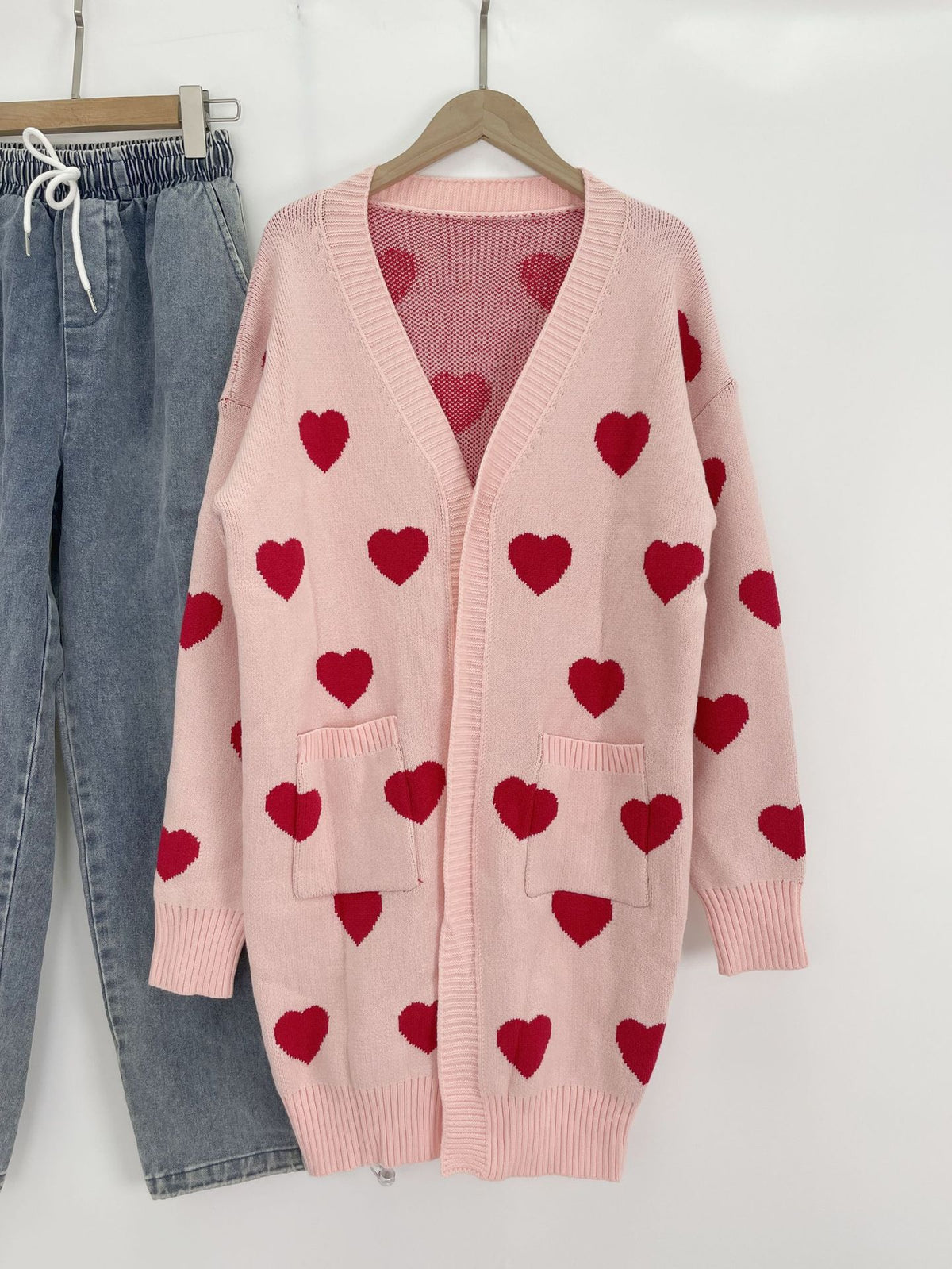 Longline Heart Jacquard Open Front Cardigan - Pink