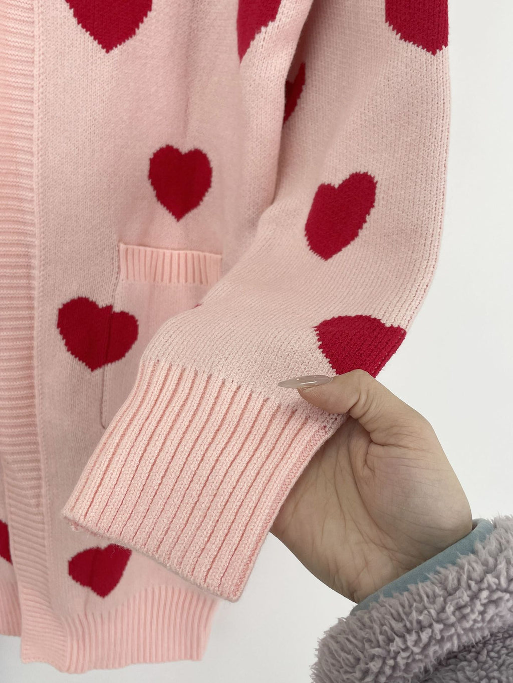 Longline Heart Jacquard Open Front Cardigan - Pink - 1