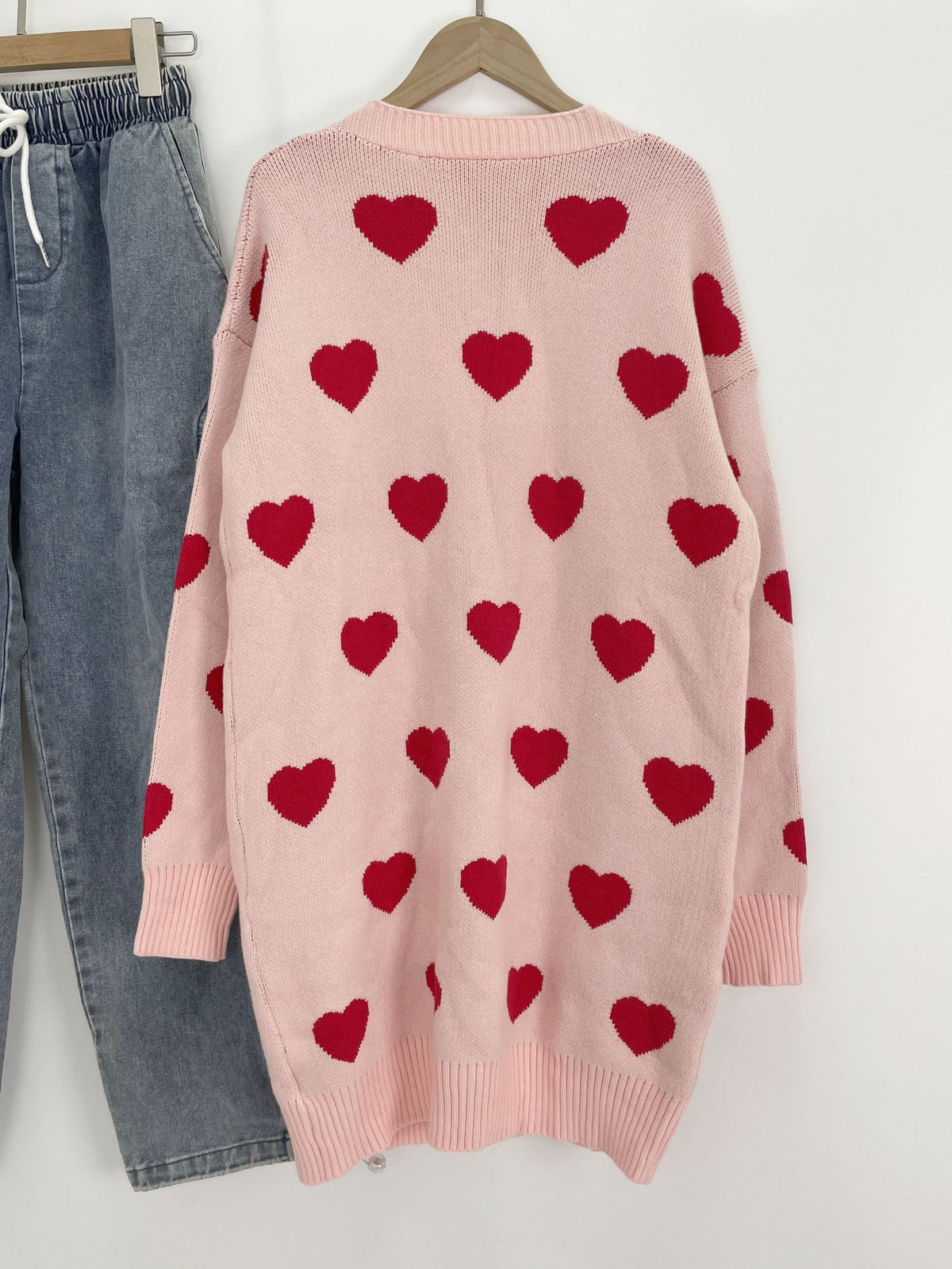 Longline Heart Jacquard Open Front Cardigan - Pink - 2