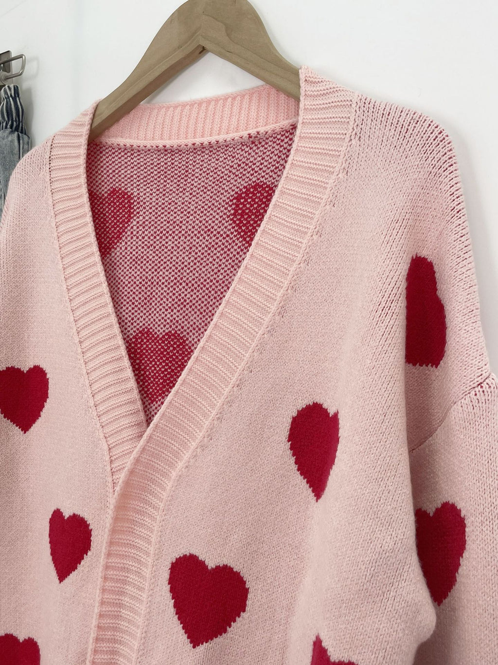 Longline Heart Jacquard Open Front Cardigan - Pink - 3