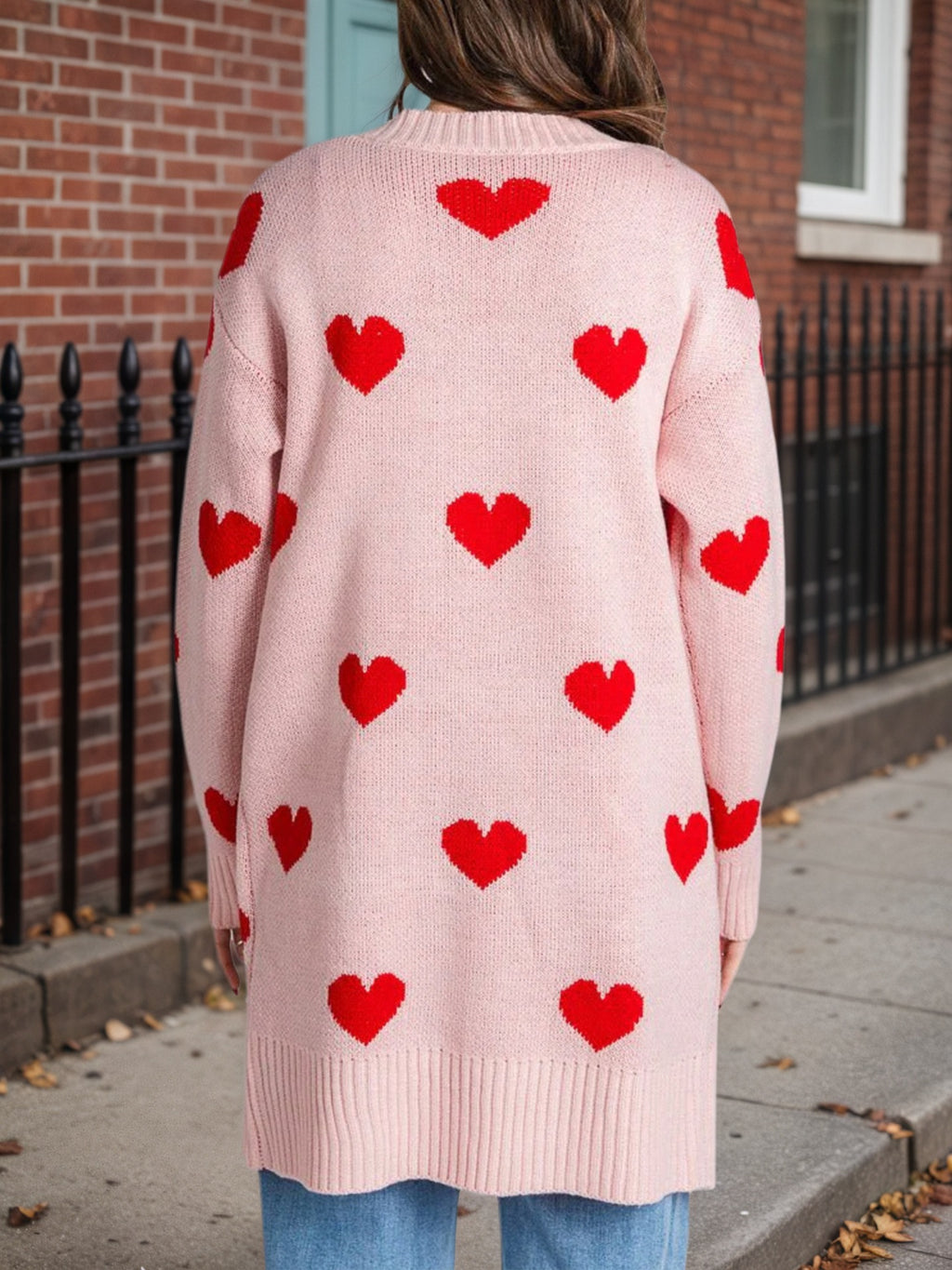 Longline Heart Jacquard Open Front Cardigan - Pink - 4