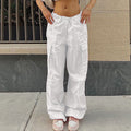 Baggy Wide Leg Drawstring Parachute Cargo Pants - White