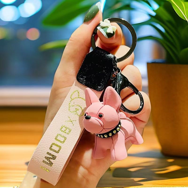 Bulldog Charm Wristlet Keychain - Pink