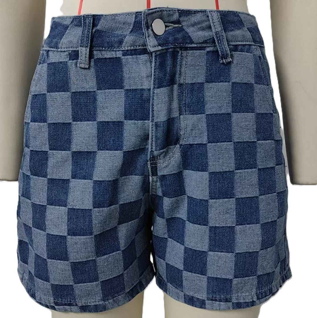 Checkerboard Denim Shirt And Shorts Set - Shorts