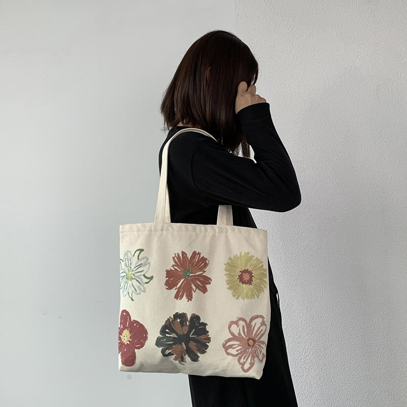 Painted Floral Canvas Shoulder Bag - Beige
