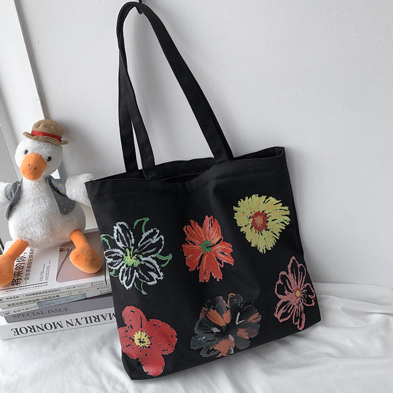 Painted Floral Canvas Shoulder Bag - Black