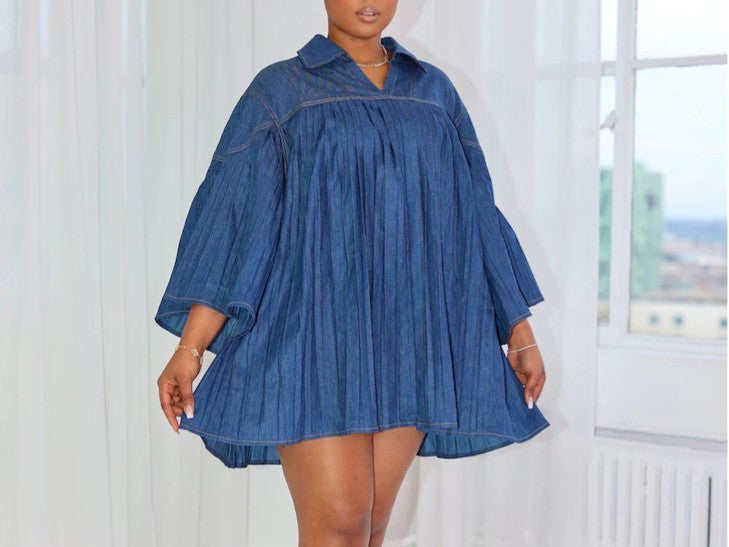 Oversized Pleated Swing Shirt Dress - Blue