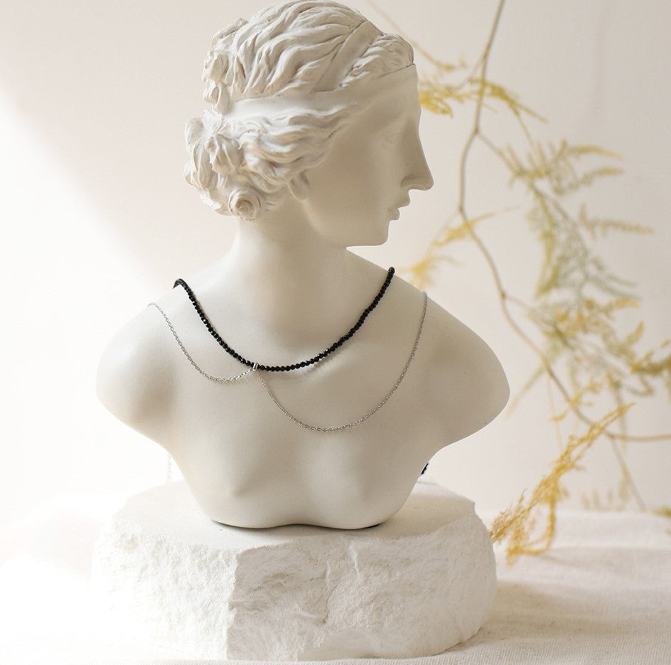 Layered Bead And Chain Choker Necklace - Black