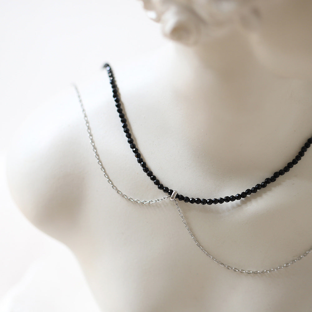 Layered Bead And Chain Choker Necklace - Black - 1