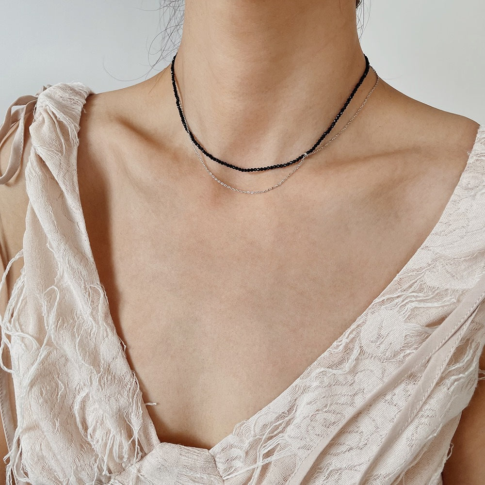 Layered Bead And Chain Choker Necklace - Black - 4