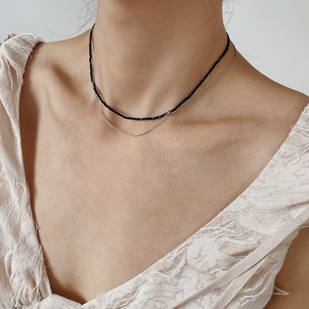 Layered Bead And Chain Choker Necklace - Black - 5