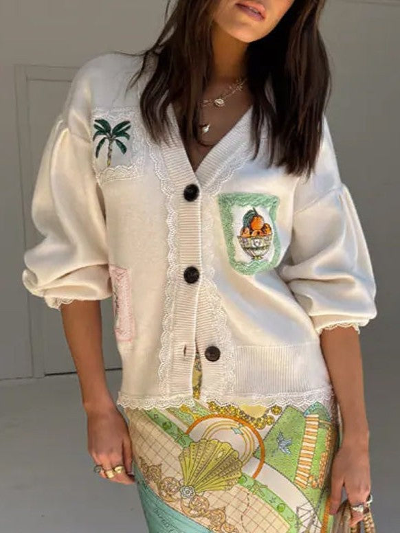 Palm Embroidered Balloon Sleeve Knit Cardigan - White