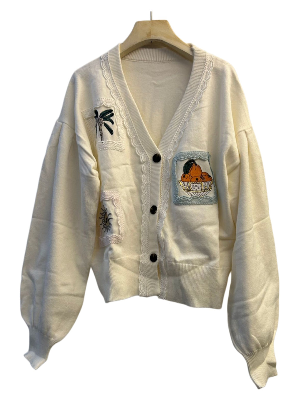 Palm Embroidered Balloon Sleeve Knit Cardigan - White - 2
