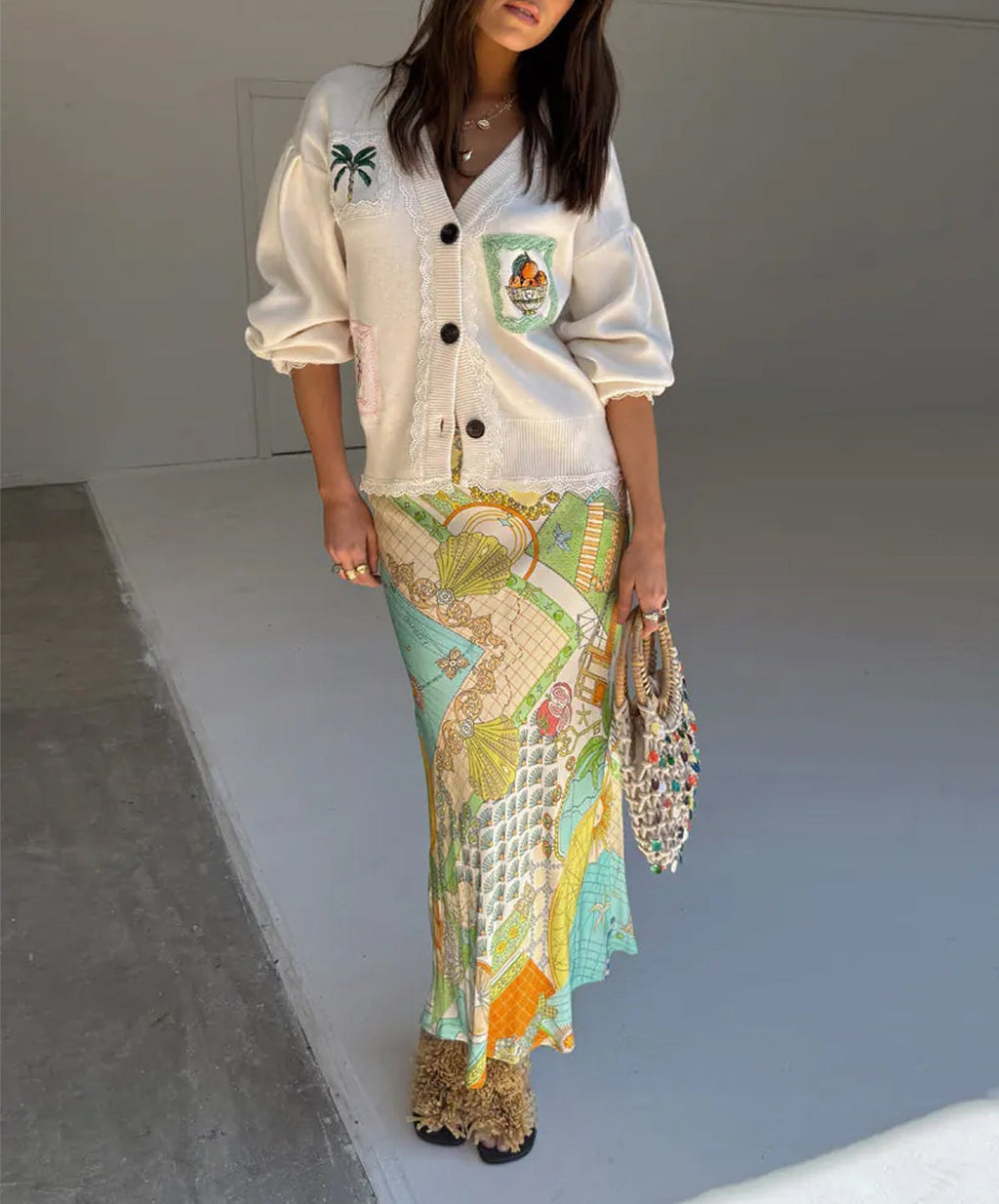 Palm Embroidered Balloon Sleeve Knit Cardigan - White - 3