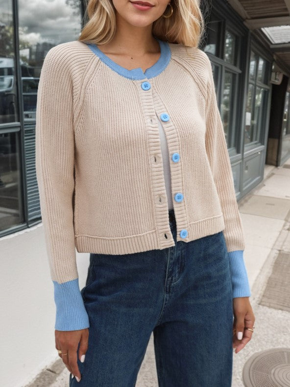 Ribbed Cardigan With Contrast Neck And Cuffs - Beige