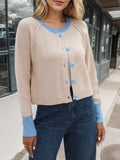 Ribbed Cardigan With Contrast Neck And Cuffs - Beige
