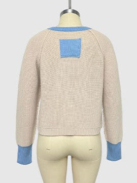 Ribbed Cardigan With Contrast Neck And Cuffs - Beige - 2