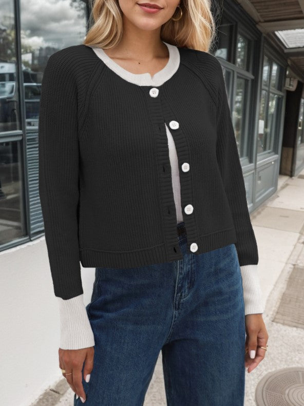 Ribbed Cardigan With Contrast Neck And Cuffs - Black