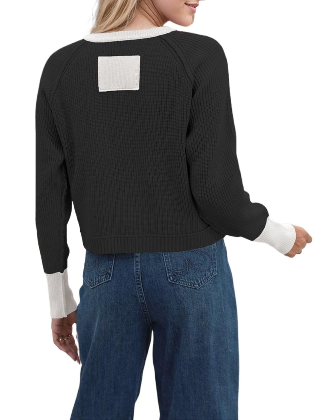Ribbed Cardigan With Contrast Neck And Cuffs - Black - 3