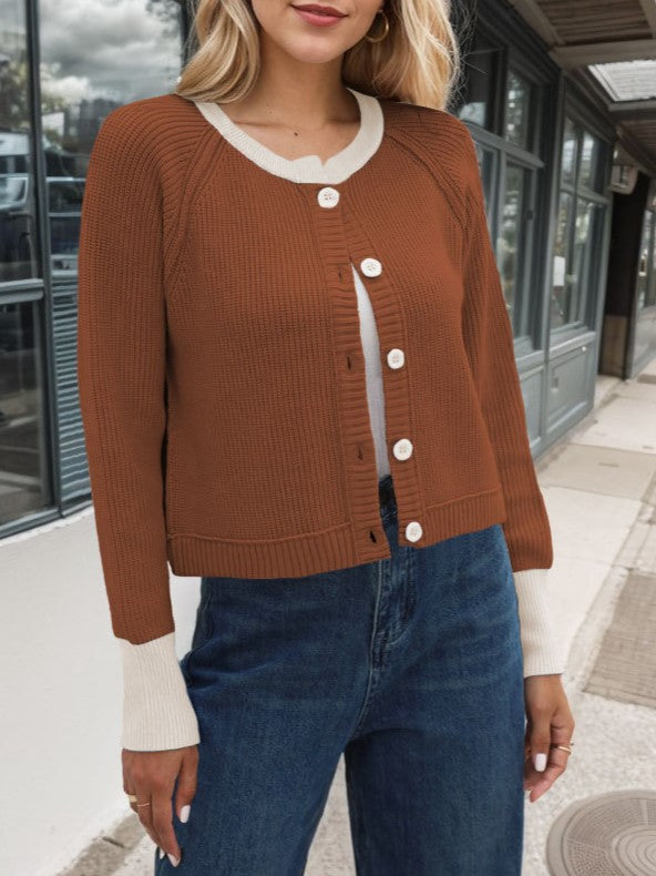 Ribbed Cardigan With Contrast Neck And Cuffs - Coffee