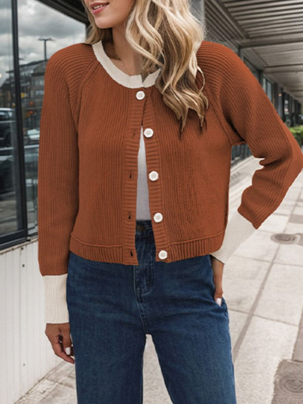Ribbed Cardigan With Contrast Neck And Cuffs - Coffee - 1