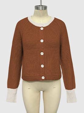 Ribbed Cardigan With Contrast Neck And Cuffs - Coffee - 3
