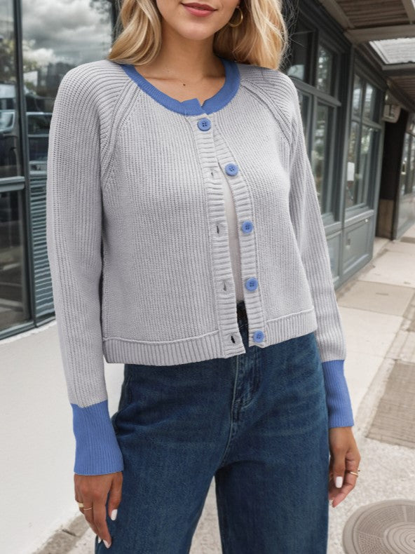 Ribbed Cardigan With Contrast Neck And Cuffs - Grey