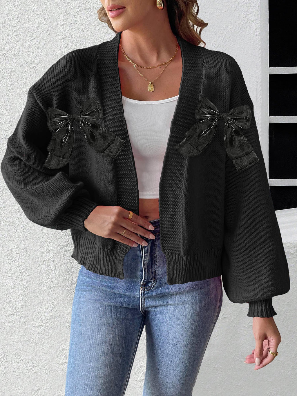 Satin Bow Open Front Cropped Cardigan - Black