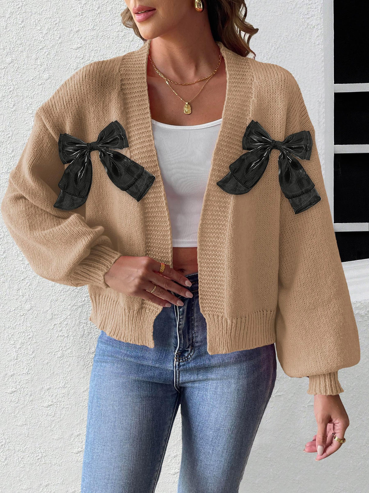 Satin Bow Open Front Cropped Cardigan - Khaki