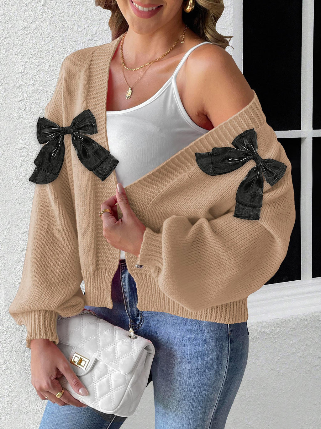 Satin Bow Open Front Cropped Cardigan - Khaki - 1