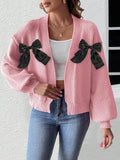 Satin Bow Open Front Cropped Cardigan - Pink