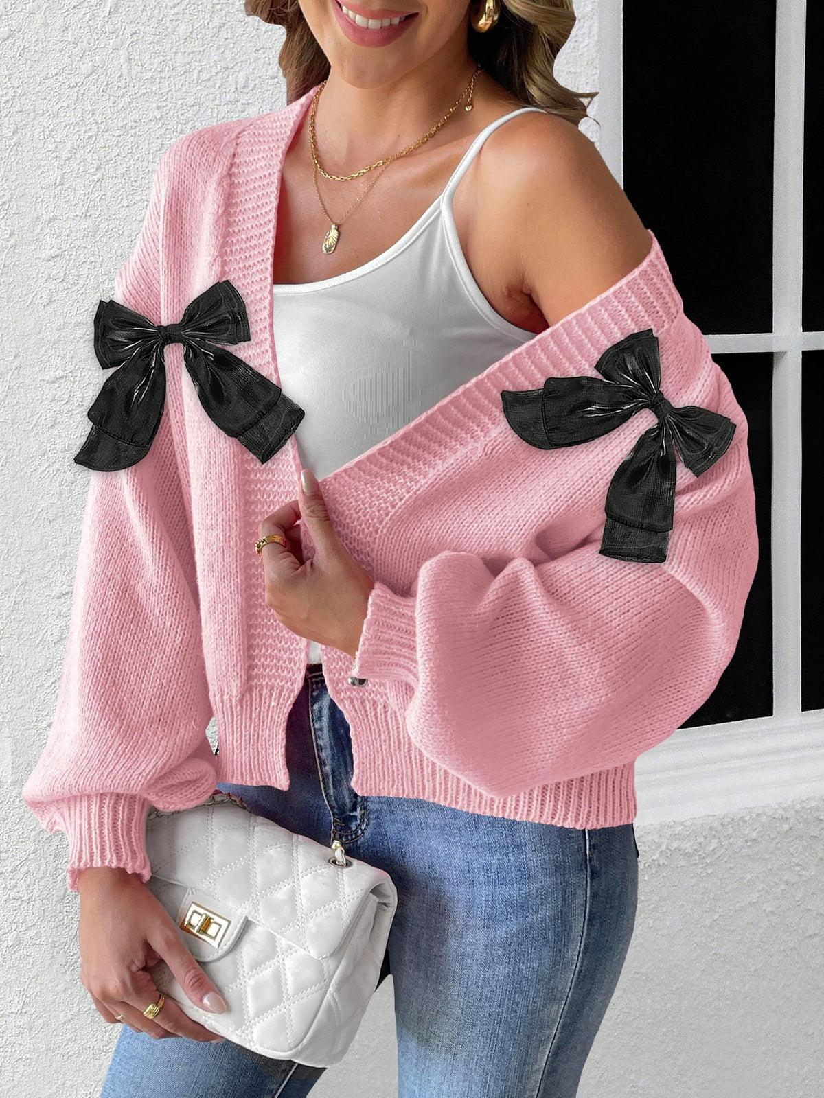 Satin Bow Open Front Cropped Cardigan - Pink - 1