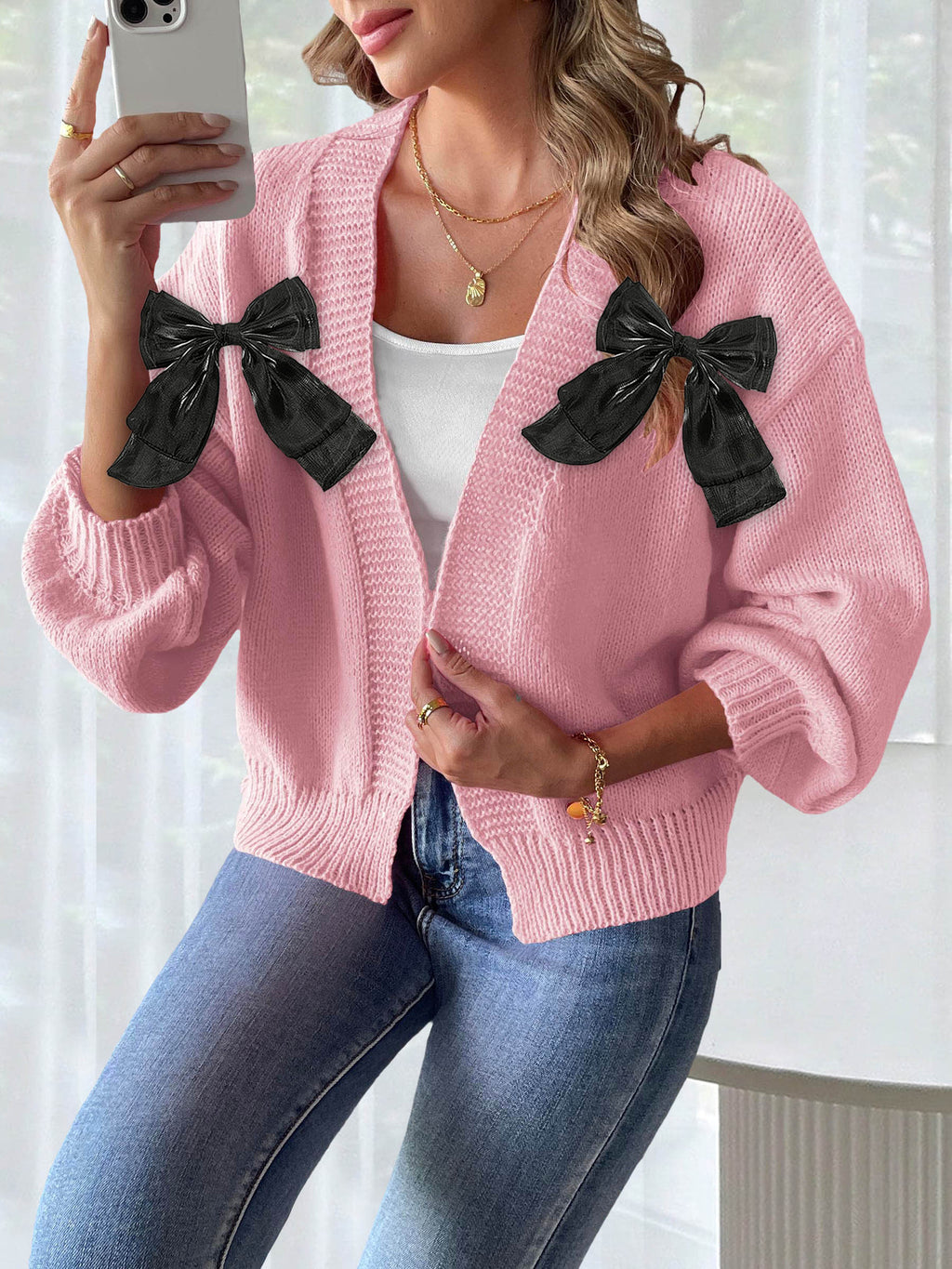 Satin Bow Open Front Cropped Cardigan - Pink - 3