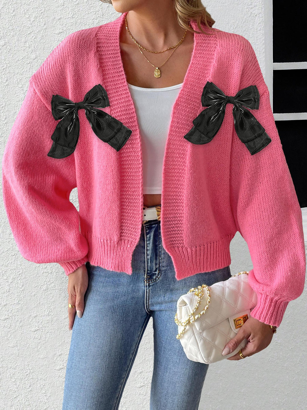 Satin Bow Open Front Cropped Cardigan - Rose