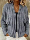 Slouchy Ribbed Knit Cardigan With Open Front - Grey
