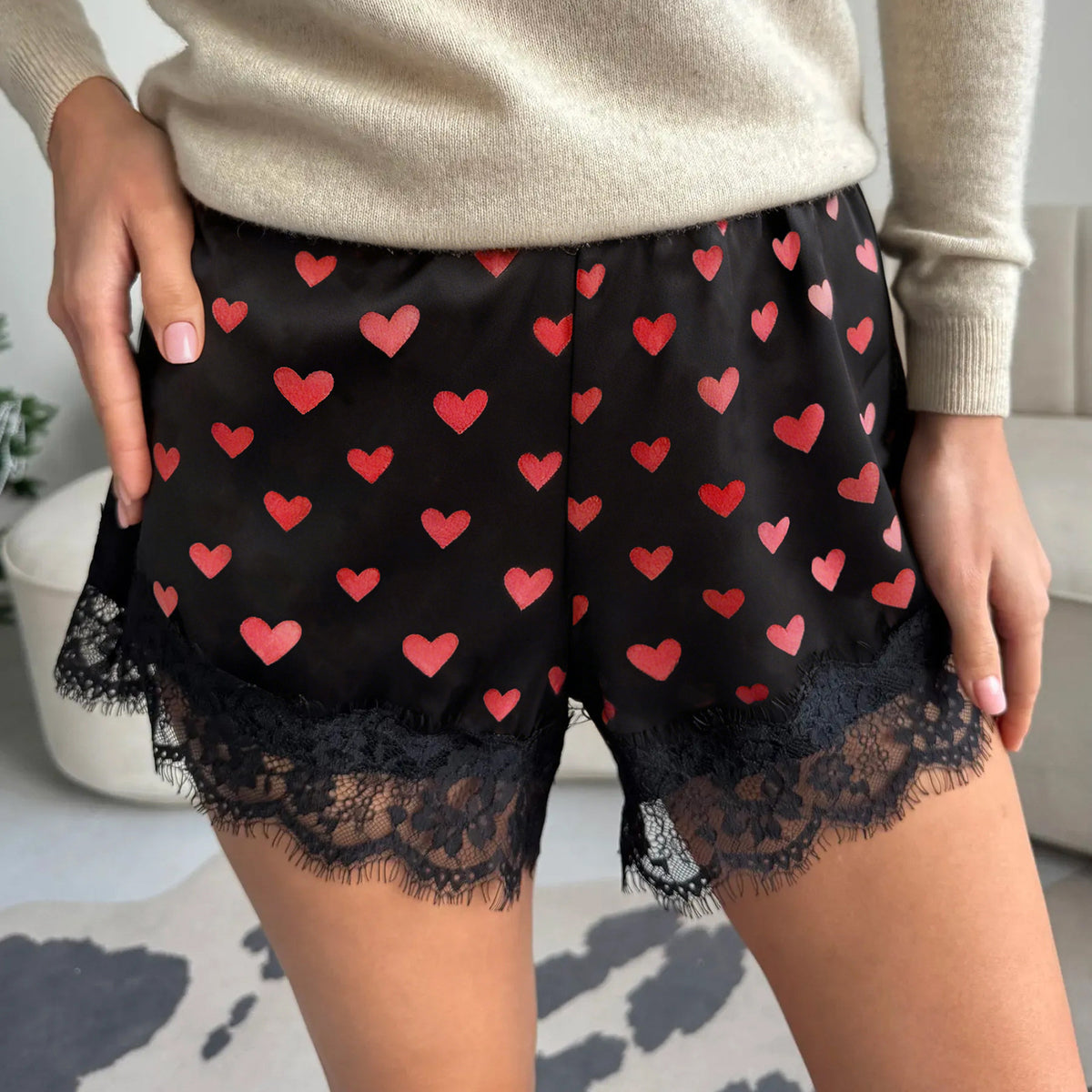 Lace Trim Satin Shorts With Elastic Waist - Hearts_B