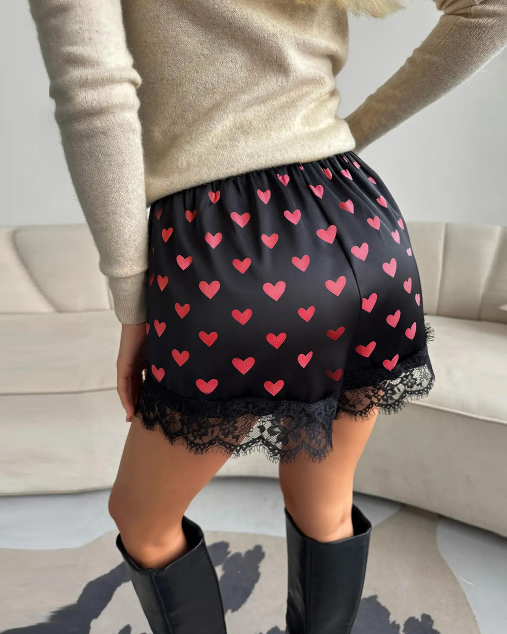 Lace Trim Satin Shorts With Elastic Waist - Hearts_B - 2