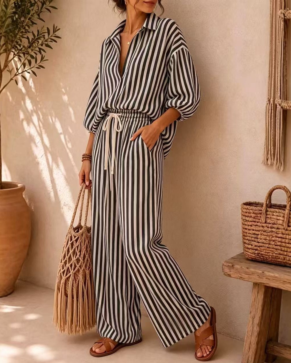 Two Piece Striped Shirt and Drawstring Wide Leg Pants - Black