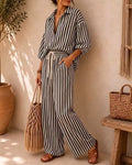 Two Piece Striped Shirt and Drawstring Wide Leg Pants - Black