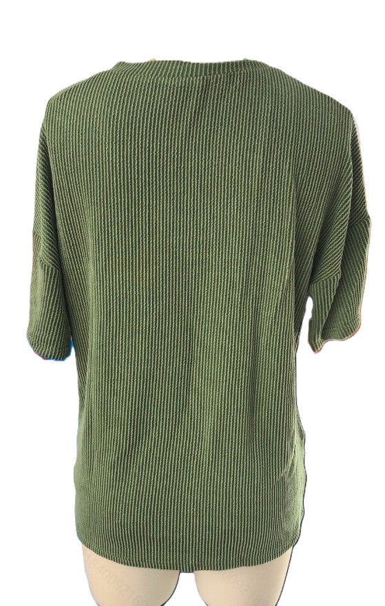 Ribbed Chest Pocket V Neck Tee - Green - 1