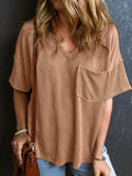 Ribbed Chest Pocket V Neck Tee - Khaki