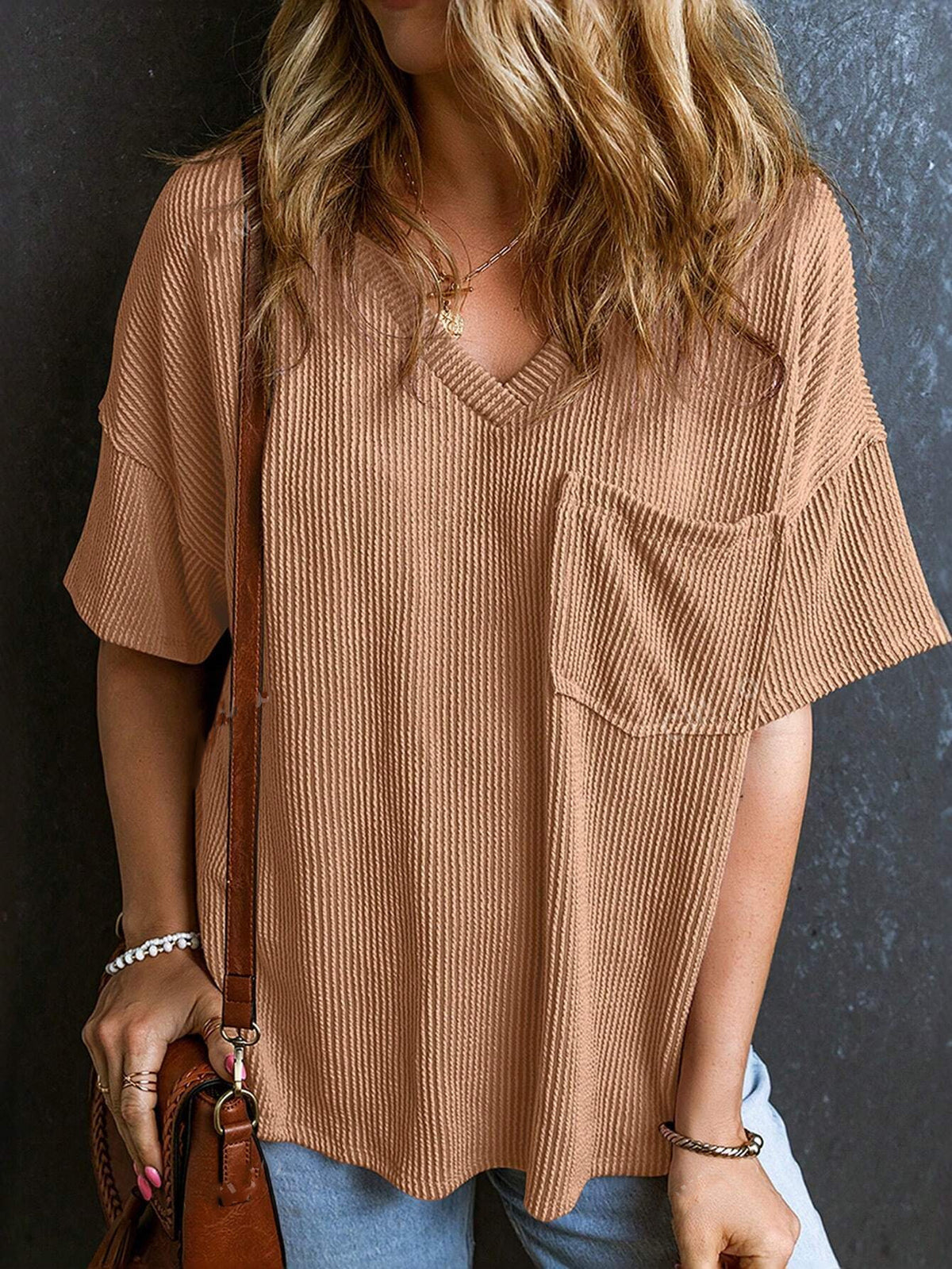 Ribbed Chest Pocket V Neck Tee - Khaki