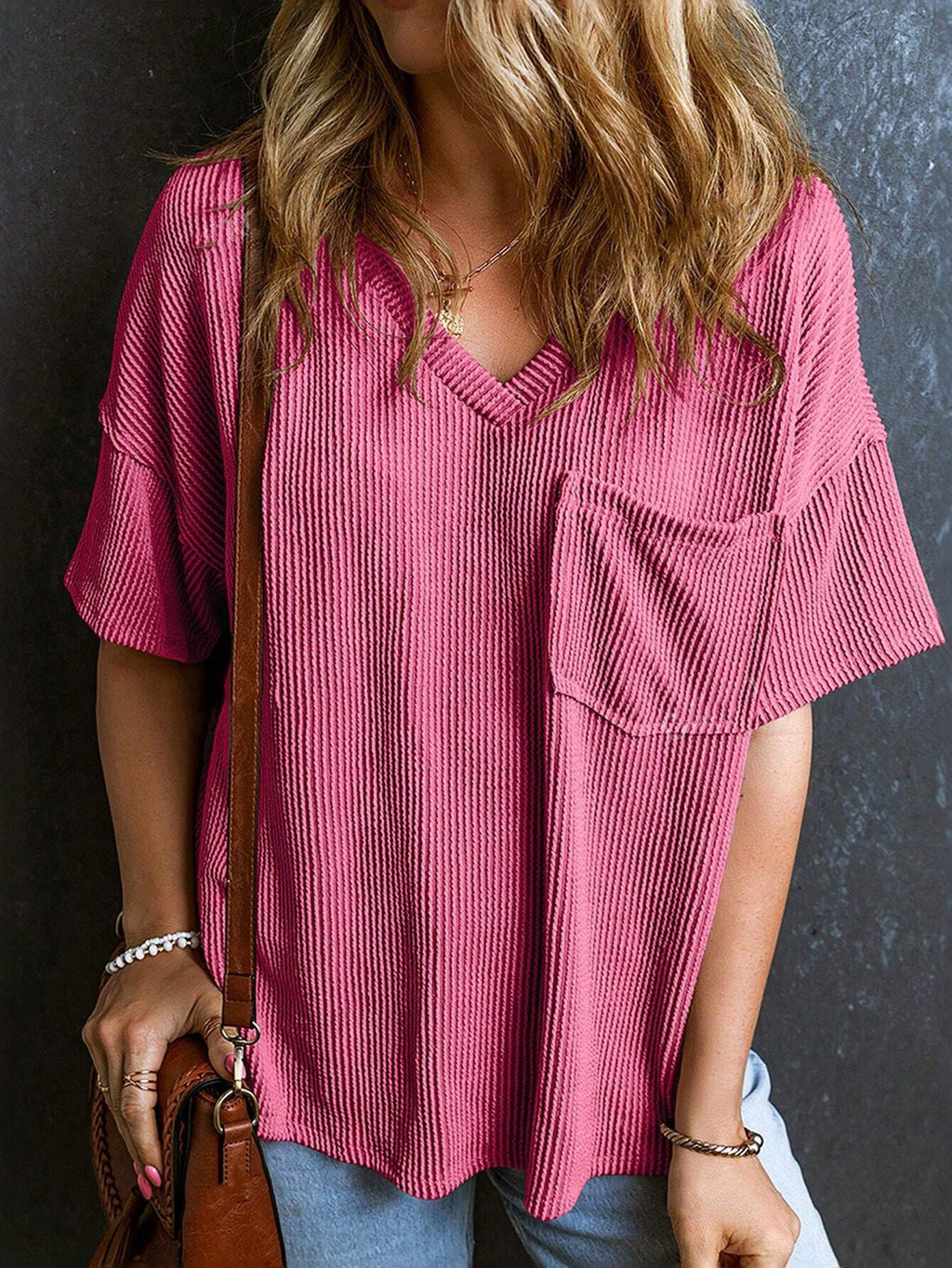 Ribbed Chest Pocket V Neck Tee - Rose