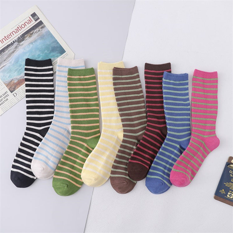 Preppy Striped Contrast Heel Crew Socks - Blue