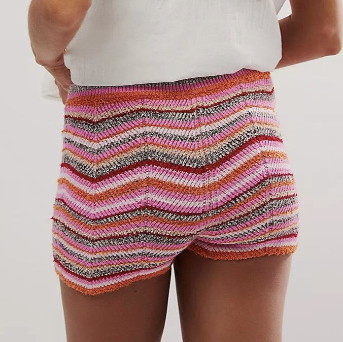 Striped Crochet Knit Elastic Waist Shorts - Orange - 1